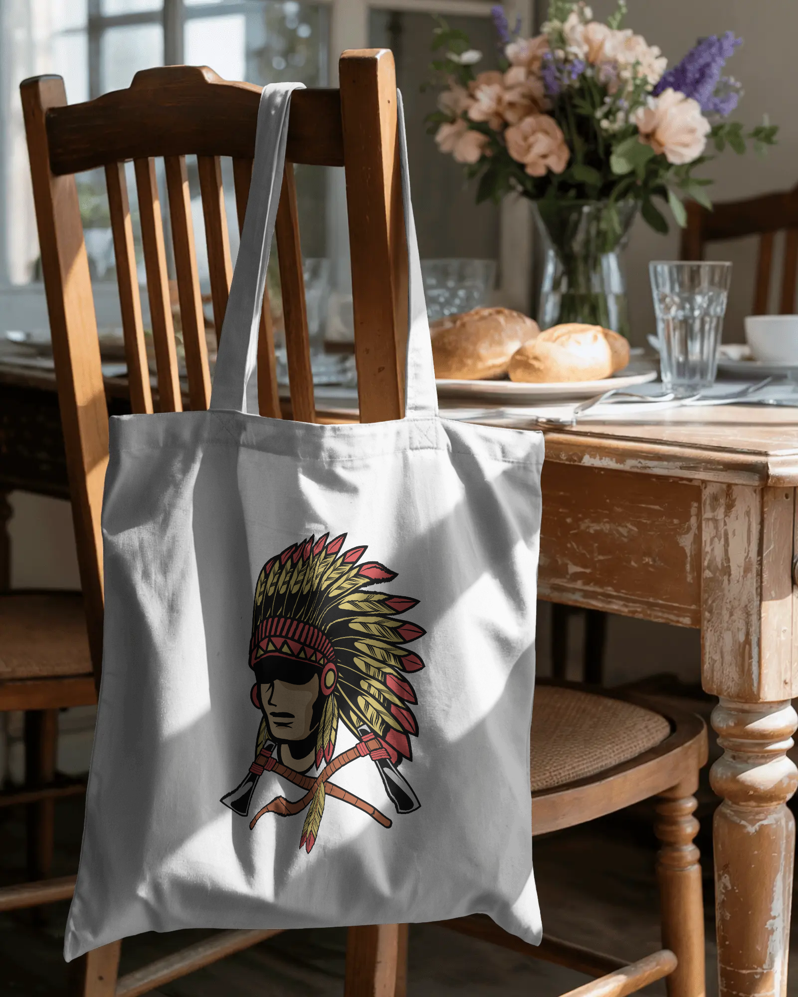 Native Headdress Cotton Tote — Vintage Tribal Chief Design