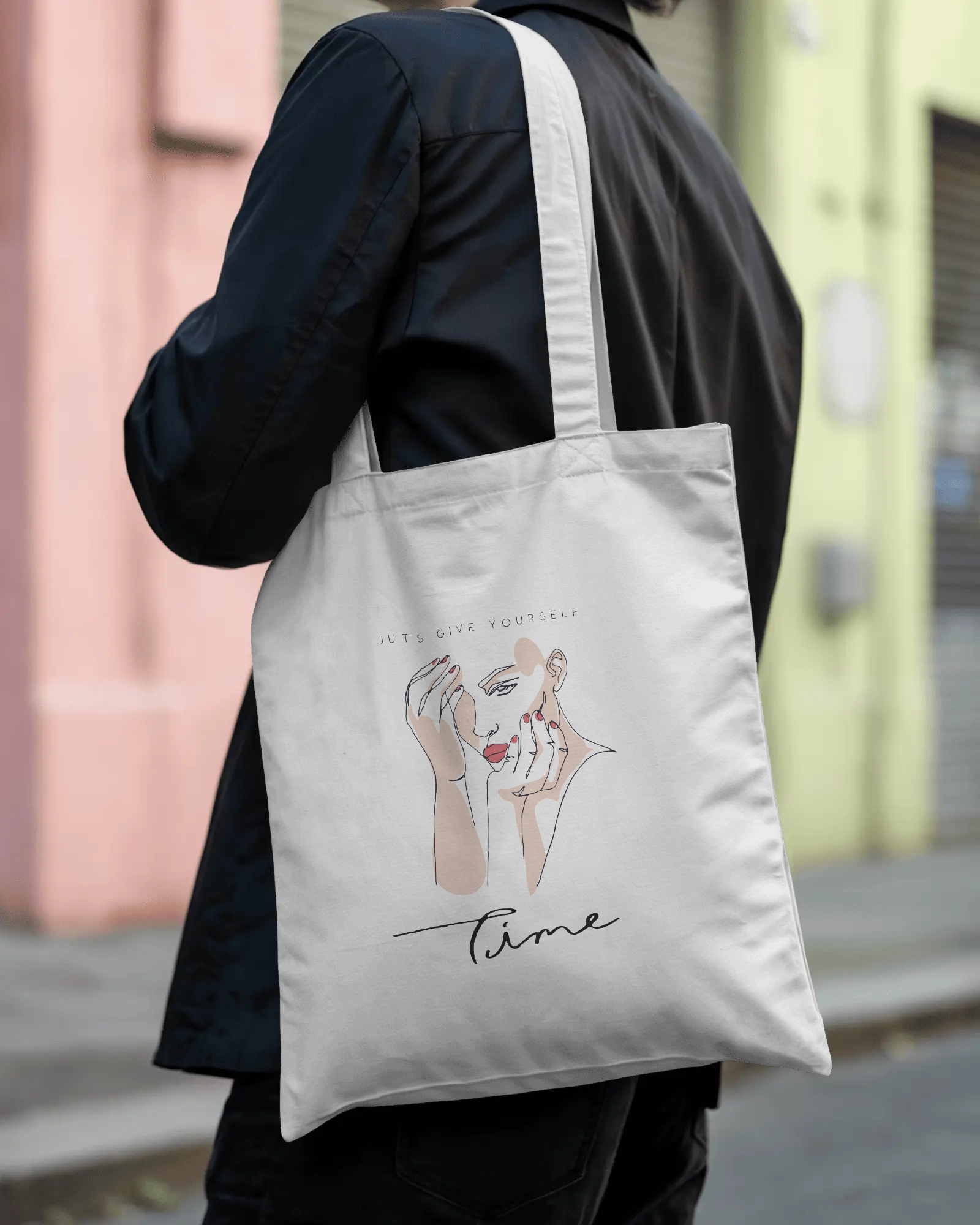 Canvas Tote Bag — Feminine Self-Care Illustration “Time” Cotton Shopping Tote
