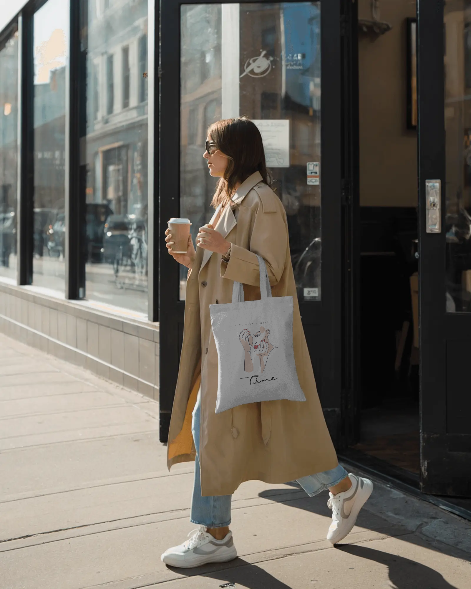 Canvas Tote Bag — Feminine Self-Care Illustration “Time” Cotton Shopping Tote