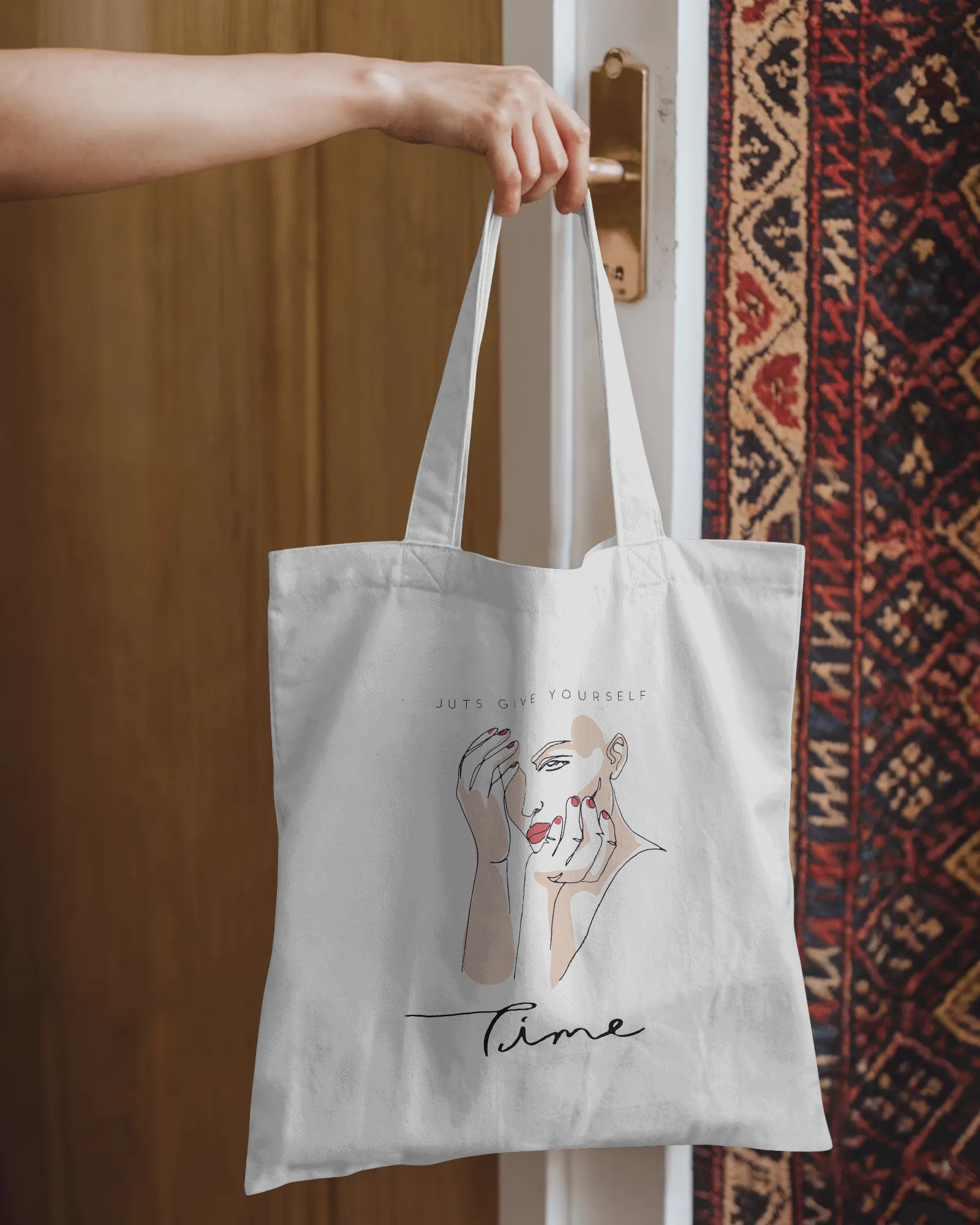 Canvas Tote Bag — Feminine Self-Care Illustration “Time” Cotton Shopping Tote