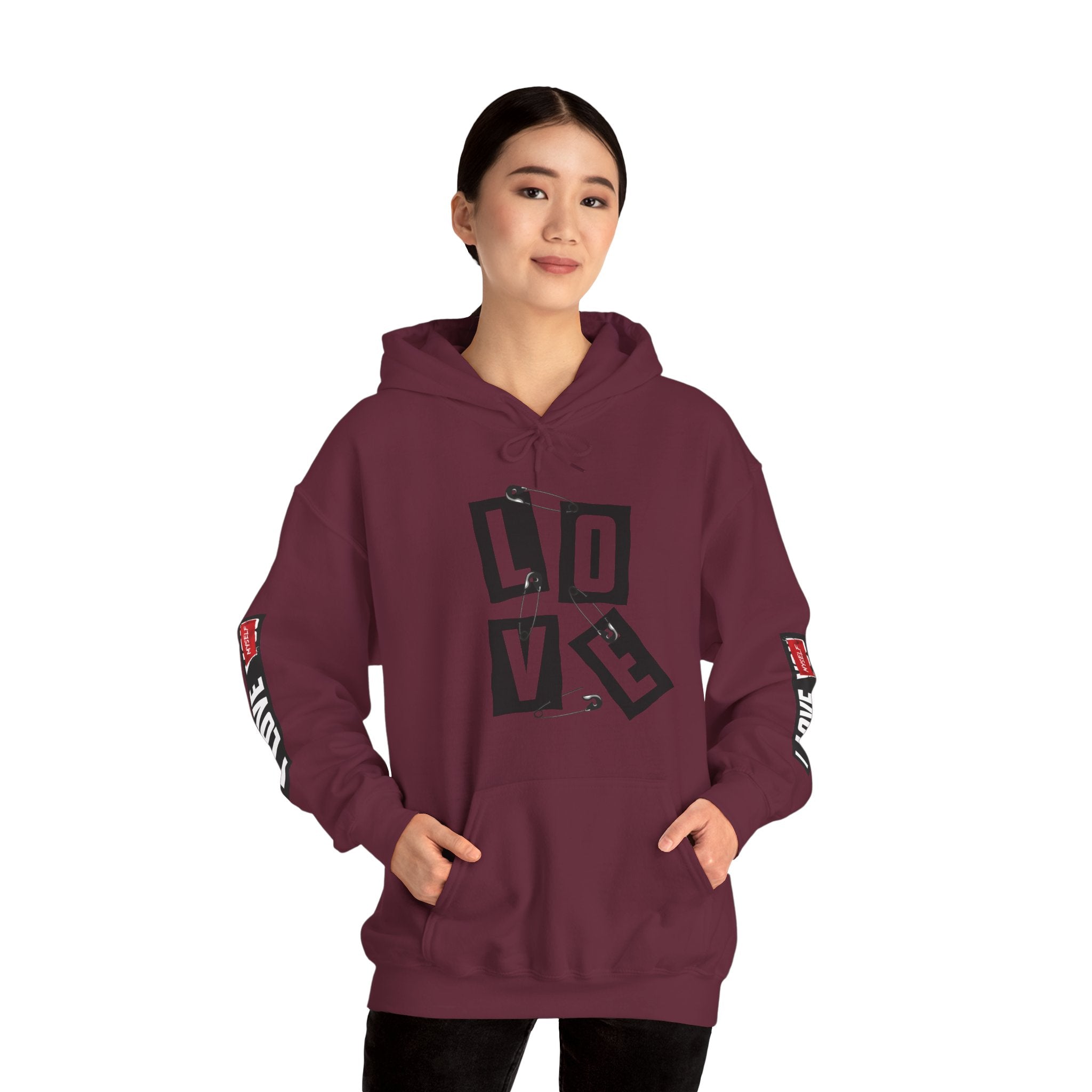 Love Graphic Unisex Hoodie - Shhh Lips Back Print, Sleeve Love Accents