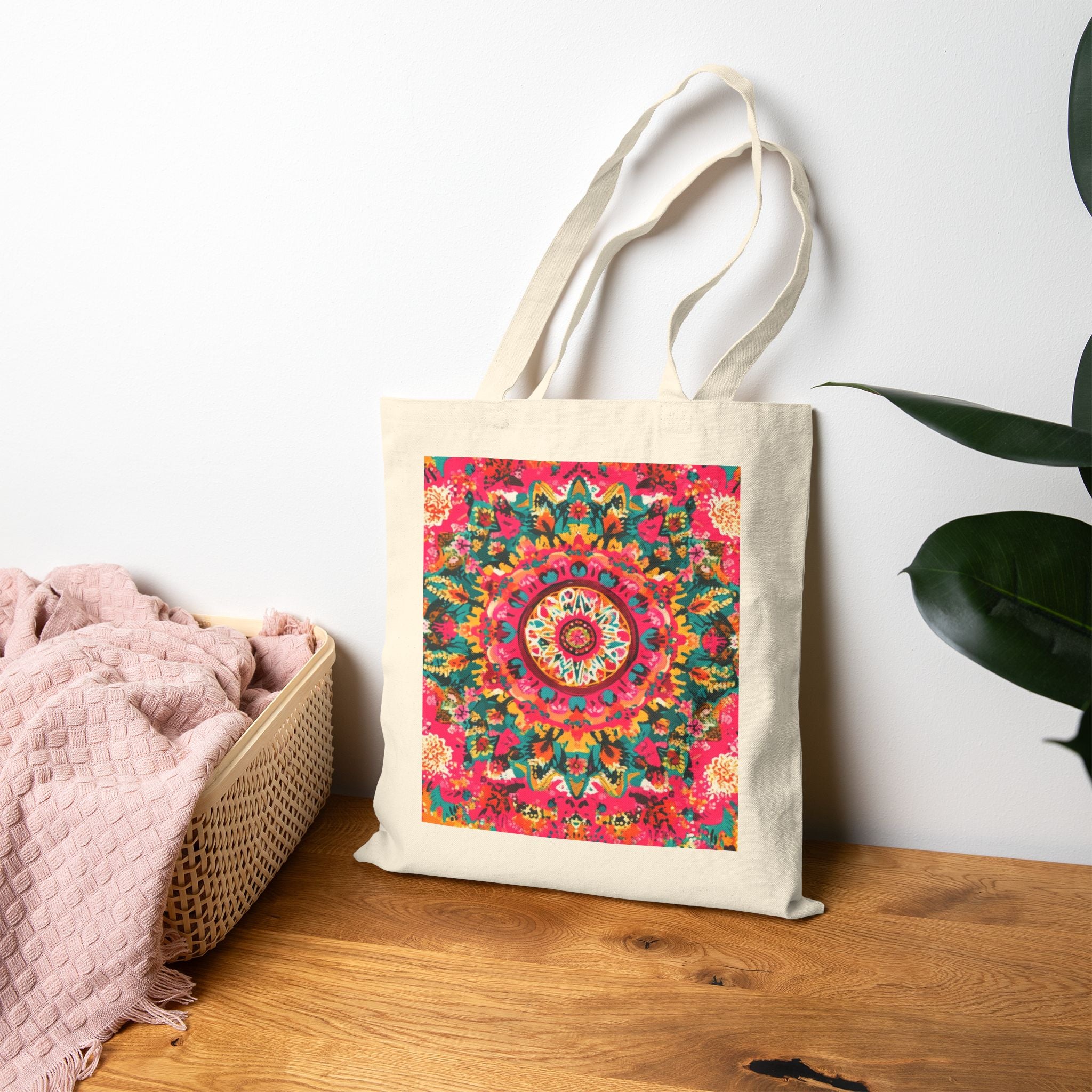 Floral Mandala Canvas Tote — Colorful Boho Cotton Market Bag